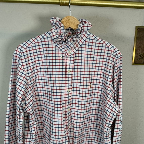 Ralph Lauren Tops - Ralph Lauren Ruffle Collar Tattersall Check American Flag Patch Shirt Womens L